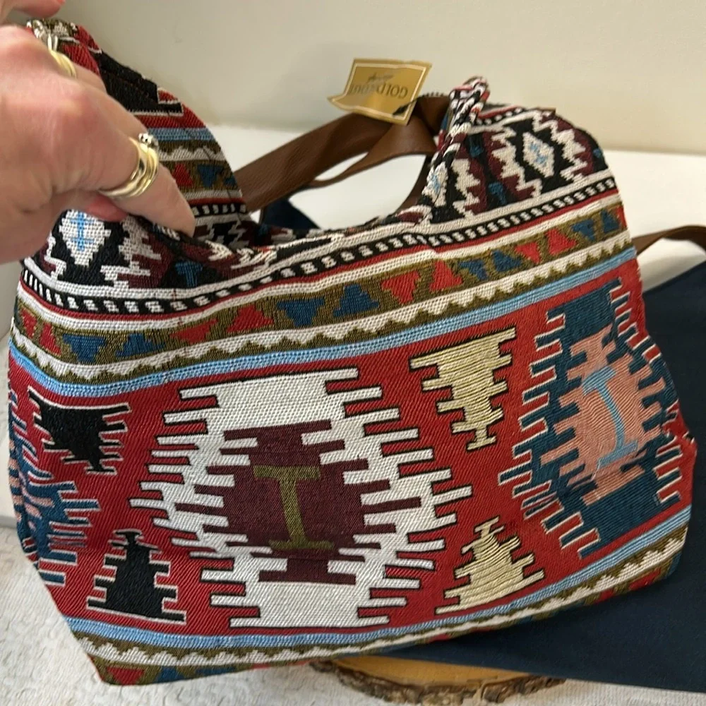 Boho Aztec Pattern Shoulder Bag with Brown Strap - Unbranded